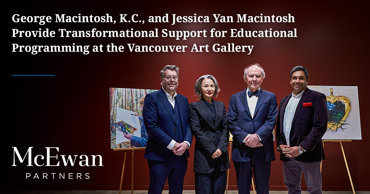 Image: (from left to right) Anthony Kiendl, CEO & Executive Director; philanthropists Jessica Yan Macintosh and George Macintosh; and Sirish Rao, Senior Director of Public Engagement & Learning, with works by Teen Art Group students at the Vancouver Art Gallery, April 2024, Photo: Sheng Ho